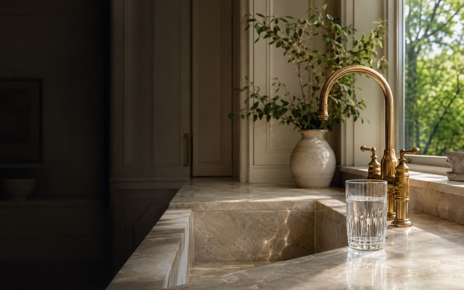 Sunlit stone kitchen counter with a glass of water beside a brass faucet