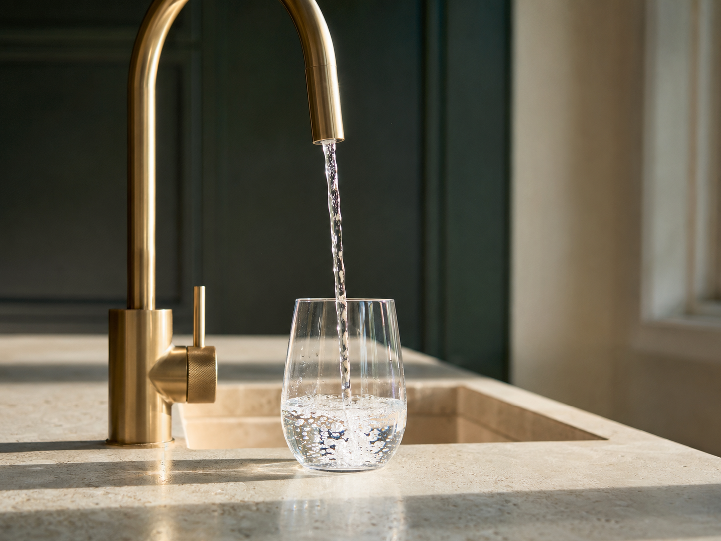 Clear water filling an elegant glass from a brass faucet